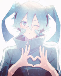 Rule 34 | 11 10 11, 1girl, absurdres, blue eyes, blue hair, blue jacket, blunt ends, blush, chestnut mouth, collared jacket, colored eyelashes, ene (kagerou project), facial mark, gradient hair, hair between eyes, headphones, heart, heart hands, highres, jacket, kagerou project, light blue hair, looking at viewer, mekakucity actors, multicolored hair, one eye closed, parted lips, popped collar, portrait, simple background, sleeves past elbows, solo, third-party source, track jacket, twintails, upper body, white background, zipper