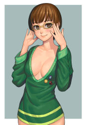 Rule 34 | 1girl, adapted costume, adjusting eyewear, badge, blush, border, breasts, brown eyes, brown hair, cleavage, closed mouth, collarbone, cowboy shot, fingernails, glasses, grey background, lasterk, lips, long sleeves, looking at viewer, low neckline, medium breasts, naked shirt, no bra, no pants, persona, persona 4, pin, satonaka chie, shirt, short hair, simple background, smile, smiley face, solo, sweater, upper body, white border, yellow-framed eyewear, yellow theme
