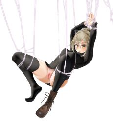 Rule 34 | 1girl, arms up, bad id, bad pixiv id, black thighhighs, blonde hair, boots, bottomless, bound, full body, hanging, highres, kurodani yamame, long sleeves, looking at viewer, naked sweater, open mouth, pussy, restrained, ribbed sweater, silk, simple background, solo, spider web, spread legs, sweater, thighhighs, thighs, touhou, tsushima (kaikyo), uncensored, white background, yellow eyes