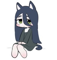 Rule 34 | 1girl, :/, animal ears, bare legs, barefoot, black dress, blue hair, blush stickers, borrowed character, cat ears, cat girl, cat tail, charlotte (potg), chibi, closed mouth, commentary request, dress, eroriro74, full body, green eyes, hands on lap, highres, korean commentary, long hair, long sleeves, looking at viewer, nun, original, own hands together, parody, potg (style), simple background, sitting, solo, style parody, tail, very long hair, white background