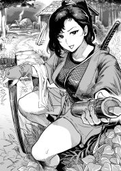 Rule 34 | 1girl, :d, black hair, breasts, bridge, commentary, fishnets, gloves, greyscale, high ponytail, house, ichiren takushou, japanese clothes, katana, kimono, long hair, looking at viewer, medium breasts, monochrome, ninja, open mouth, original, outdoors, ponytail, scroll tube, short kimono, sitting, smile, solo, sword, thighs, tree, weapon