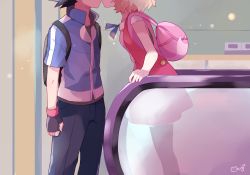 Rule 34 | 1boy, 1girl, arm at side, ash ketchum, backpack, bad id, bad pixiv id, bag, black gloves, black hair, blue ribbon, creatures (company), dress, elevator, fingerless gloves, from side, game freak, gloves, head out of frame, hetero, implied kiss, leaning forward, light particles, mei (maysroom), nintendo, pants, pokemon, pokemon (anime), ribbon, see-through silhouette, serena (pokemon), short hair, short sleeves, signature, spoilers, standing, thighhighs
