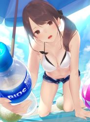 Rule 34 | 1girl, :o, all fours, ama mitsuki, ball, bare arms, bare shoulders, beach mat, beach umbrella, beachball, bikini, blue sky, bottle, breasts, brown eyes, brown hair, cleavage, cloud, commentary request, day, food, foreshortening, fruit, hair ornament, hair scrunchie, head tilt, holding, holding bottle, long hair, looking at viewer, medium breasts, navel, open fly, open mouth, original, outdoors, scrunchie, shade, short shorts, shorts, side ponytail, sky, solo, stomach, sunlight, swimsuit, umbrella, water bottle, wet, white bikini