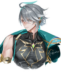 Rule 34 | 1boy, absurdres, ahoge, alhaitham (genshin impact), aqua eyes, aqua hair, cape, closed mouth, cropped torso, eyelashes, genshin impact, grey hair, hair between eyes, highres, male focus, multicolored hair, pectorals, pottsness, simple background, solo, toned, toned male, twitter username, upper body, white background