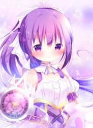 Rule 34 | 1girl, bare shoulders, blush, bow, breasts, closed mouth, commentary request, detached sleeves, gochuumon wa usagi desu ka?, hair between eyes, hair bow, kirara fantasia, long hair, ponytail, puffy short sleeves, puffy sleeves, purple eyes, purple hair, rin (fuwarin), roman numeral, shirt, short sleeves, small breasts, smile, solo, tedeza rize, twitter username, upper body, very long hair, white bow, white shirt, white sleeves