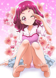 Rule 34 | 10s, 1girl, ;), bare legs, barefoot, commentary request, feet, floral background, hair ornament, hanzou, highres, hugtto! precure, nono hana, one eye closed, panties, pink background, pink eyes, pink hair, pink panties, precure, salute, short hair, sitting, smile, soles, solo, toes, underwear, x hair ornament