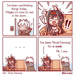 Rule 34 | !, !!, ..., 1boy, 1girl, animal ears, arknights, blaze (arknights), cat ears, cat girl, chibi, comic, couch, english text, fainting, grey jacket, highres, jacket, leopard boy, leopard ears, on couch, silverash (arknights), twitter username, wittle red