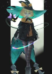 Rule 34 | 1girl, absurdres, aqua nails, bell, black cat, black neckerchief, black pantyhose, blonde hair, bow, cardigan, cat, closed eyes, closed mouth, commentary, crossed legs, english commentary, hair between eyes, hair ornament, hairclip, hat, hat bow, highres, holding, holding wand, jacket, jingle bell, large hat, lucie (millie parfait), millie parfait, millie parfait (1st costume), neckerchief, nijisanji, nijisanji en, off-shoulder jacket, off shoulder, open clothes, open jacket, orange cardigan, pantyhose, plaid, plaid bow, plaid skirt, pleated skirt, purple bow, short hair, skirt, smile, solo, spotlight, sticker, striped clothes, striped pantyhose, sydndrk, thigh strap, virtual youtuber, wand, watson cross, witch, witch hat