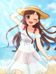 Rule 34 | 1girl, ;d, arm up, beach, bikini, bikini under clothes, blush, brown hair, collarbone, commentary request, dress, frilled dress, frills, hat, highres, hijirin dere, idolmaster, idolmaster cinderella girls, long hair, looking at viewer, off-shoulder dress, off shoulder, one eye closed, open mouth, outdoors, patterned clothing, red bikini, red eyes, smile, solo, swimsuit, tsujino akari, very long hair, white dress, yellow hat