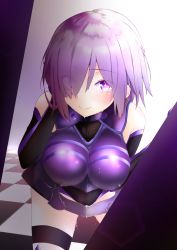 Rule 34 | 1girl, armor, armored dress, artist request, bare shoulders, breasts, detached sleeves, elbow gloves, eyes visible through hair, fate/grand order, fate (series), gloves, hair over one eye, hand in own hair, highres, large breasts, light purple hair, looking at viewer, mash kyrielight, navel, parted lips, purple eyes, purple gloves, short hair, sweat, wet, wet clothes