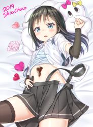 Rule 34 | 1girl, asashio (kancolle), black hair, black thighhighs, blue eyes, blush, breasts, candy, chocolate, chocolate heart, food, gotou hisashi, heart, highres, kantai collection, long hair, looking at viewer, lying, miss cloud, navel, on back, open mouth, pleated skirt, school uniform, shirt, short sleeves, skirt, small breasts, suspenders, thighhighs, valentine, white shirt