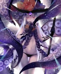 Rule 34 | 1girl, abigail williams (fate), abigail williams (third ascension) (fate), black gloves, black hat, black panties, bow, chinese commentary, commentary, fate/grand order, fate (series), feet out of frame, finger to mouth, forehead, gloves, hat, highres, holding, index finger raised, keyhole, long hair, looking at viewer, multiple bows, navel, open mouth, orange bow, panties, polka dot, polka dot bow, purple bow, qing yu, red eyes, revealing clothes, sidelocks, smile, solo, standing, tentacles, underwear, very long hair, white hair, witch hat