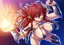 Rule 34 | 1girl, armor, armored boots, bikini, boots, breasts, brown eyes, cleavage, collarbone, elf, fang, fire, from above, jiyuuyuu, large breasts, long hair, looking at viewer, magic, pointy ears, red hair, smile, solo, swimsuit, sword, vambraces, weapon