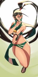 Rule 34 | 1girl, alternate costume, antenna hair, bandana, black hair, bra, breasts, brown eyes, commission, covered mouth, full body, green bra, green scarf, green shorts, hair tubes, high ponytail, holding, holding weapon, ibuki (street fighter), kunai, legs together, long hair, mask, medium breasts, midriff, mouth mask, one eye closed, reverse grip, scarf, shoes, short shorts, shorts, sneakers, solo, sports bra, sportswear, street fighter, street fighter v, suwaiya, underwear, very long hair, weapon