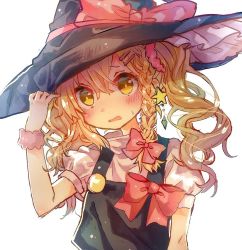 Rule 34 | 1girl, blonde hair, blush, bow, braid, commentary request, hair between eyes, hair bow, hair ornament, hairclip, hand on headwear, hand up, hat, hat bow, kirisame marisa, long hair, looking at viewer, messy hair, one-hour drawing challenge, open mouth, peipei, pink bow, red bow, short sleeves, side braid, simple background, single braid, solo, star (symbol), star hair ornament, sweat, touhou, upper body, wavy hair, white background, witch hat, yellow eyes