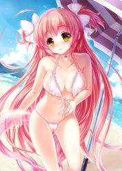 Rule 34 | 10s, 1girl, adjusting clothes, adjusting swimsuit, beach, beach umbrella, bikini, bow, breasts, cameltoe, choker, cleavage, cloud, covered erect nipples, day, female focus, front-tie top, hair bow, hair ribbon, head tilt, innertube, kaname madoka, long hair, mahou shoujo madoka magica, mahou shoujo madoka magica (anime), md5 mismatch, medium breasts, navel, outdoors, paint musume, parasol, pink hair, ribbon, short twintails, skindentation, sky, smile, solo, spoilers, summer, sunlight, swim ring, swimsuit, twintails, ultimate madoka, umbrella, very long hair, yellow eyes