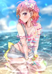 Rule 34 | 1girl, a chika-tastic summer, absurdres, ahoge, barefoot, bead bracelet, beads, bikini, blurry, blurry background, blush, bow, bracelet, breasts, character name, clothes writing, collarbone, commentary, day, diamond earrings, earrings, gradient hair, hair bow, hand on own thigh, highres, holding, holding water gun, jewelry, kneeling, lens flare, looking at viewer, love live!, love live! school idol festival all stars, love live! sunshine!!, medium breasts, multicolored hair, ocean, off shoulder, open fly, orange hair, outdoors, panda copt, parted lips, partially submerged, pink bikini, pink hair, pinstripe pattern, polka dot, polka dot bow, profile, red eyes, see-through, see-through shirt, shallow water, short hair, short shorts, shorts, solo, sparkle, striped bikini, striped clothes, striped shorts, swimsuit, takami chika, vertical-striped clothes, vertical-striped shorts, water, water gun, yellow bow