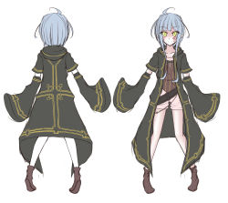 Rule 34 | 1girl, blue hair, character sheet, detached sleeves, female focus, full body, looking at viewer, multiple views, original, shintani tsushiya, simple background, sleeves past wrists, smile, turnaround, white background, yellow eyes
