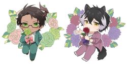 Rule 34 | &gt;:), 2boys, :3, animal ears, aragami oga, arm behind back, bespectacled, black hair, blouse, bow, bracelet, brown footwear, chibi, collared shirt, crossed bangs, dahlia, dark-skinned male, dark skin, earclip, earrings, fang, floral background, flower, flower wreath, full body, glasses, green eyes, green flower, green jacket, green pants, green rose, hair between eyes, holding, holding flower, holostars, horns, jackal boy, jackal ears, jackal tail, jacket, jewelry, kageyama shien, leaf, looking at viewer, mafia (holostars), male focus, mioto (tsubsq m), multicolored hair, multiple boys, necklace, official alternate costume, open clothes, open collar, open hand, open jacket, outline, pants, parted bangs, pink bow, pink flower, pink rose, purple bow, purple flower, purple jacket, purple pants, red flower, rose, shirt, short hair, single earring, single horn, skin fang, two-tone hair, v-shaped eyebrows, virtual youtuber, white background, white footwear, white hair, white outline, white shirt, yellow eyes