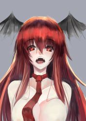 Rule 34 | 1girl, bad id, bad pixiv id, breasts, breasts squeezed together, collarbone, fangs, grey background, head wings, koakuma, large breasts, long hair, looking at viewer, marubororaito, naked necktie, necktie, nude, open mouth, red eyes, red hair, red necktie, simple background, sketch, slit pupils, solo, teeth, tongue, touhou, upper body, wings