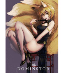 Rule 34 | 1girl, alternate costume, animal ears, armlet, bare shoulders, black footwear, blonde hair, bracelet, breasts, china dress, chinese clothes, cleavage, cleavage cutout, clothing cutout, dress, folded fan, folding fan, fox ears, fox girl, fox tail, from side, full body, hand fan, high heels, highres, holding, holding fan, jewelry, kitsune, kyogoku-uru, kyuubi, large breasts, looking at viewer, looking to the side, multiple tails, open mouth, pelvic curtain, shoes, short hair, sitting, slit pupils, solo, tail, thighhighs, touhou, white thighhighs, yakumo ran, yellow eyes