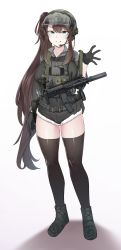 Rule 34 | 1girl, absurdres, belt, black gloves, black thighhighs, blue eyes, boots, breasts, brown hair, female commander (girls&#039; frontline), full body, gloves, grin, gun, h&amp;k mp7, headset, helmet, highres, k0ng, large breasts, long hair, looking at viewer, original, side ponytail, smile, solo, submachine gun, termichan (not-a-bot), thighhighs, very long hair, weapon