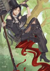Rule 34 | 1other, androgynous, ascot, asymmetrical gloves, bare shoulders, black hair, boots, fingerless gloves, gloves, guilty gear, guilty gear strive, hat, hat ornament, highres, holding, holding scythe, long hair, looking at viewer, other focus, red eyes, scythe, skull, skull hat ornament, smile, solo, testament (guilty gear), top hat, udakyo