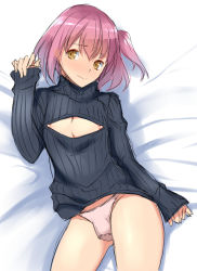 Rule 34 | 1boy, bad id, bad twitter id, blush, bulge, cleavage cutout, clothing cutout, highres, inactive account, kloah, long sleeves, looking at viewer, lying, male focus, meme attire, nipples, open-chest sweater, original, panties, purple hair, ribbed sweater, short hair, side ponytail, sketch, solo, sweater, trap, turtleneck, underwear, white panties, yellow eyes