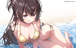 1girl :p beach bikini breasts brown_hair gold_bikini hong_(white_spider) long_hair looking_at_viewer medium_breasts patreon_username purple_eyes side-tie_bikini_bottom solo suou_yuki swimsuit tokidoki_bosotto_roshia-go_de_dereru_tonari_no_alya-san tongue tongue_out