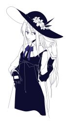 Rule 34 | 1girl, black dress, black gloves, black hat, closed mouth, cutout gloves, dress, empty eyes, flower, gloves, hair between eyes, hat, hat flower, highres, holding, holding hair, immiscible discord (project sekai), limited palette, long hair, long sleeves, looking at viewer, project sekai, sidelocks, simple background, single glove, solo, vanchvanch16, very long hair, white background, white flower, yoisaki kanade