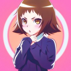 Rule 34 | &gt;:o, 1girl, :o, brown eyes, brown hair, eyebrows, hands on own chest, ilya kuvshinov, long sleeves, mikakunin de shinkoukei, mitsumine mashiro, open mouth, own hands together, pink background, short hair, simple background, solo, sweater, thick eyebrows, upper body, v-shaped eyebrows