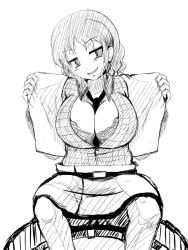 Rule 34 | 1girl, akatuki (yamina), belt, between breasts, bra, breasts, cleavage, greyscale, horikawa raiko, huge breasts, lace, lace-trimmed bra, lace trim, looking at viewer, monochrome, necktie, open clothes, open vest, seductive smile, sitting, sketch, skirt, smile, solo, touhou, underwear, vest