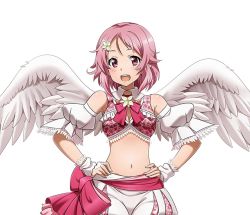 Rule 34 | 1girl, alternate costume, angel wings, bare shoulders, bow, breasts, choker, cleavage, cowboy shot, hair ornament, hands on own hips, lisbeth (sao-alo), looking at viewer, medium breasts, midriff, navel, neck ribbon, open mouth, pink hair, pointy ears, red bow, red eyes, red ribbon, ribbon, short hair, shorts, smile, solo, stomach, sword art online, transparent background, white shorts, white wings, wings, wrist cuffs