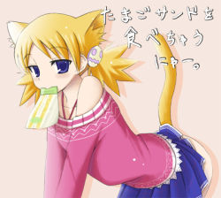 Rule 34 | 00s, 1girl, animal ears, ass, blonde hair, cat ears, cat tail, food, kakifly, lowres, mouth hold, sandwich, sasamori karin, skirt, solo, tail, to heart (series), to heart 2