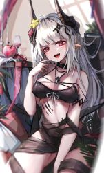 Rule 34 | 1girl, apple, arknights, arm strap, between legs, bikini, black bikini, black collar, black ribbon, blush, collar, cup, demon horns, drinking glass, fang, flower, food, fruit, grapes, grey hair, hair ornament, hand between legs, hand up, highres, horns, jewelry, long hair, looking at viewer, material growth, mudrock (arknights), mudrock (silent night) (arknights), necklace, official alternate costume, open mouth, oreshki, oripathy lesion (arknights), pointy ears, red flower, red ribbon, ribbon, sitting, solo, swimsuit, wine glass, yellow flower