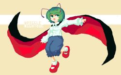 Rule 34 | 1girl, 999 (hansode), antennae, black cape, blue shorts, blush, breasts, cape, character name, collared shirt, commentary request, full body, green eyes, green hair, highres, long sleeves, looking to the side, mary janes, open mouth, outstretched arm, pixel art, red cape, red footwear, shirt, shoes, short hair, shorts, small breasts, socks, solo, touhou, two-sided cape, two-sided fabric, white shirt, white socks, wriggle nightbug