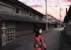 Rule 34 | 1girl, architecture, black hair, building, cloud, east asian architecture, expressionless, floral print, from behind, japanese clothes, kimono, kishida mel, long hair, looking at viewer, looking back, obi, outdoors, power lines, sash, scenery, sky, solo, town, utility pole