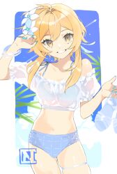 Rule 34 | 1girl, bikini, blonde hair, blue bikini, blue nails, breasts, choco c14, cloud, contrail, flower, genshin impact, grin, hair between eyes, hair flower, hair ornament, holding, holding shoes, looking at viewer, lumine (genshin impact), medium breasts, nail polish, orange eyes, shoes, short hair with long locks, sky, smile, solo, swimsuit, thigh strap, white flower