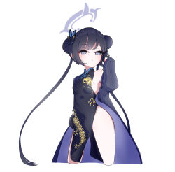 Rule 34 | 1girl, black dress, black gloves, black hair, black jacket, blue archive, breasts, butterfly hair ornament, china dress, chinese clothes, double bun, dress, gloves, grey eyes, groin, hair bun, hair ornament, halo, highres, jacket, kanaeco25, kisaki (blue archive), long hair, off shoulder, pinstripe jacket, pinstripe pattern, side slit, small breasts, solo, striped, twintails
