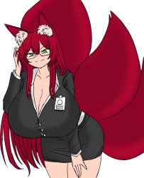 Rule 34 | absurdres, animal ear fluff, animal ears, breasts, deculture, fox ears, fox girl, fox tail, glasses, green eyes, highres, huge breasts, kitsune, leaning forward, multiple tails, non-web source, office lady, red hair, tail