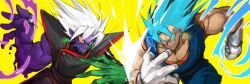 2boys artist_name blue_eyes blue_hair colored_sclera colored_skin commentary dougi dragon_ball dragon_ball_super earrings english_commentary fighting fused_zamasu gloves glowing glowing_eyes green_skin grey_eyes grin heterochromia highres jewelry kimo male_focus mismatched_sclera multiple_boys muscular muscular_male pectoral_cleavage pectorals potara_earrings purple_skin red_eyes ring slime_(substance) smile spiked_hair super_saiyan super_saiyan_blue vegetto white_gloves white_hair yellow_background yellow_sclera