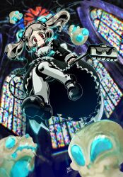 Rule 34 | 1girl, bloody marie (skullgirls), brooch, cathedral, church, dress, energy, floating, frilled dress, frills, full body, glowing, glowing eyes, grey hair, highres, indoors, jewelry, kimoppo (kmzk), looking at viewer, looking down, maid headdress, mary janes, pantyhose, red eyes, ribs, shoes, skeleton, skull, skullgirls, solo, stained glass, twintails, vacuum cleaner