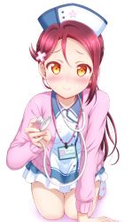 Rule 34 | 10s, 1girl, all fours, arm support, blush, ckst, closed mouth, collarbone, doctor, dress, eyebrows, hat, highres, long hair, long sleeves, looking at viewer, love live!, love live! school idol festival, love live! sunshine!!, nurse, pink hair, sakurauchi riko, simple background, smile, solo, stethoscope, white background, white dress, yellow eyes
