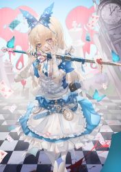 Rule 34 | 1girl, absurdres, alice (grimlight), apron, back bow, bandaged arm, bandages, bandaid, bandaid on hand, blonde hair, blood, blood on face, bloody weapon, blue bow, blue bowtie, blue dress, blue eyes, blue hairband, blue sky, blush, board game, bow, bowtie, breasts, bug, butterfly, butterfly hair ornament, butterfly wings, buttons, card, chess, clock, collared dress, crystal print, dress, dress bow, fang, fingernails, floor, flying, frills, grey apron, grey bow, grey pantyhose, grimlight, hair between eyes, hair ornament, hairband, hand on own face, hands up, heart, heart in eye, highres, holding, holding weapon, insect, insect wings, long fingernails, long hair, looking to the side, medium breasts, multicolored bow, multicolored bowtie, multicolored eyes, open mouth, pantyhose, pinafore dress, pink bow, pink bowtie, pink eyes, playing card, puffy short sleeves, puffy sleeves, short sleeves, sky, sleeveless, sleeveless dress, smile, solo, standing, striped bow, striped bowtie, striped clothes, sword, symbol in eye, teeth, tongue, turbulence, weapon, wings
