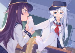 Rule 34 | 2018, 2girls, akatsuki (kancolle), arm at side, artist name, black hat, black sailor collar, black skirt, blue eyes, blush, breasts, chair, chalkboard, classroom, collarbone, commentary request, dated, day, desk, eyelashes, feet, fingernails, flat cap, foot focus, foot worship, full body, hair between eyes, hand to own mouth, hand up, hands on feet, hat, hibiki (kancolle), highres, holding foot, indoors, kantai collection, licking, licking foot, long hair, long sleeves, looking at another, messy hair, multiple girls, neckerchief, no shoes, on desk, open mouth, pantyhose, pleated skirt, purple eyes, purple hair, red neckerchief, sailor collar, school, school desk, school uniform, serafuku, sidelocks, silver hair, sitting, skirt, thighs, toes, tsubasa tsubasa, white legwear, yuri