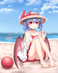 Rule 34 | 2girls, :q, alternate costume, asphyxiation, bad feet, bad id, bad pixiv id, ball, bare arms, barefoot, bat wings, beach, beachball, blue hair, blue sky, bow, cloud, crescent, crescent hair ornament, day, dress, drowning, feet, food, hair ornament, hand on own knee, hat, hat bow, highres, licking lips, looking at viewer, multiple girls, open mouth, outdoors, panties, papo, patchouli knowledge, popsicle, purple hair, red eyes, remilia scarlet, sinking, sitting, sky, sleeveless, sleeveless dress, smile, sundress, sweat, swimming, toes, tongue, tongue out, touhou, underwear, upskirt, white dress, white panties, wings