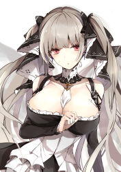 Rule 34 | 1girl, absurdres, azur lane, between breasts, black dress, blush, breasts, cleavage, dress, earrings, formidable (azur lane), frilled dress, frills, grey hair, hair between eyes, hair ribbon, highres, jewelry, large breasts, long hair, platinum blonde hair, red eyes, ribbon, simple background, solo, twintails, two-tone dress, two-tone ribbon, two-tone ribbons, white background