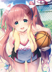 Rule 34 | 1girl, :d, aqua eyes, armpits, ball, bare shoulders, basketball, basketball (object), basketball hoop, basketball uniform, blue sky, blush, breasts, brown hair, chain-link fence, cleavage, cloud, collarbone, day, dengeki moeou, fence, hair ribbon, highres, holding, jersey, leaning forward, light rays, long hair, looking at viewer, medium breasts, mizukoshi mayu, open mouth, outdoors, ribbon, shirt, short shorts, shorts, sky, sleeveless, sleeveless shirt, smile, solo, sportswear, standing, sunbeam, sunlight, sweat, sweatband, thighs, towel, towel around neck, very long hair, white ribbon