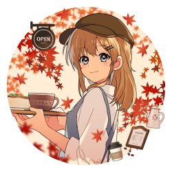Rule 34 | 1girl, apron, arisa (aren), autumn leaves, blonde hair, blue apron, blue eyes, blush, border, brown hat, closed mouth, coffee beans, collared shirt, cup, disposable coffee cup, disposable cup, flat cap, from side, hair ornament, hairclip, hands up, hat, highres, holding, holding tray, leaf, looking at viewer, looking to the side, medium hair, menu, original, round image, shirt, signature, sleeves past elbows, smile, solo, teacup, teapot, tray, turning head, upper body, white border, white shirt