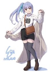 Rule 34 | 1girl, alternate costume, black skirt, black thighhighs, blush, boots, brown eyes, brown footwear, casual, dated, full body, grey background, grey hair, highres, kantai collection, kasumi (kancolle), ld (luna dial398), long hair, long sleeves, looking at viewer, open mouth, shirt, side ponytail, signature, simple background, skirt, smile, solo, thighhighs, white background, white shirt